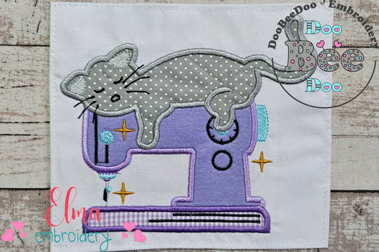 Cat Sleeping on a Sewing Machine - Applique - Machine Embroidery Design