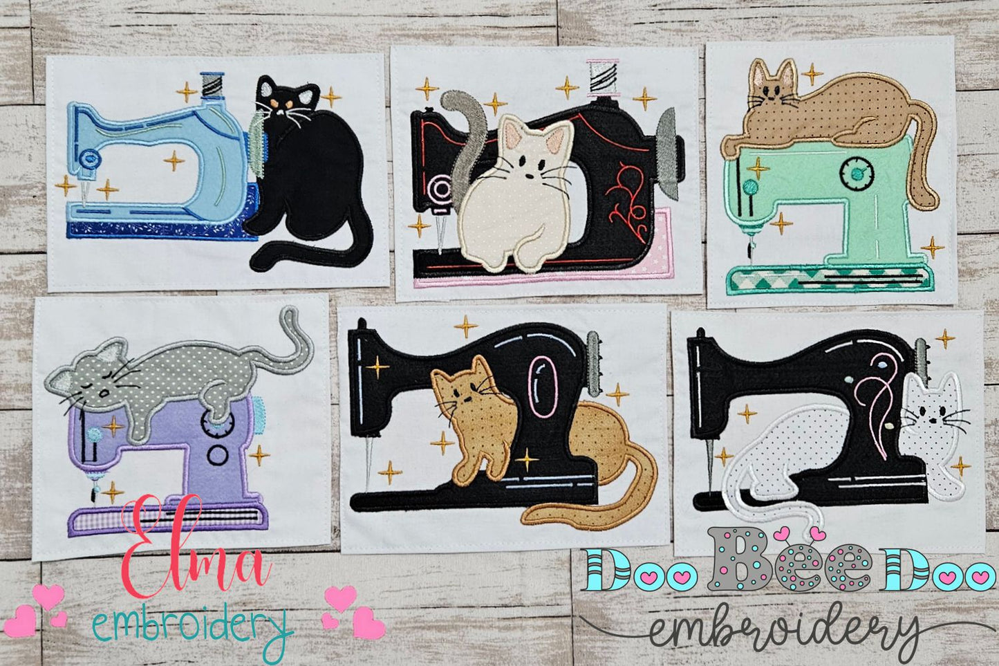 Cats and Vintage Sewing Machine - Applique - Set of 6 designs