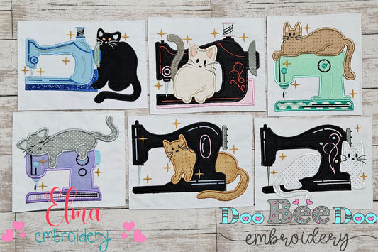 Cats and Vintage Sewing Machine - Applique - Set of 6 designs