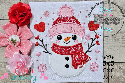 Snowman and Hearts - Applique - Machine Embroidery Design