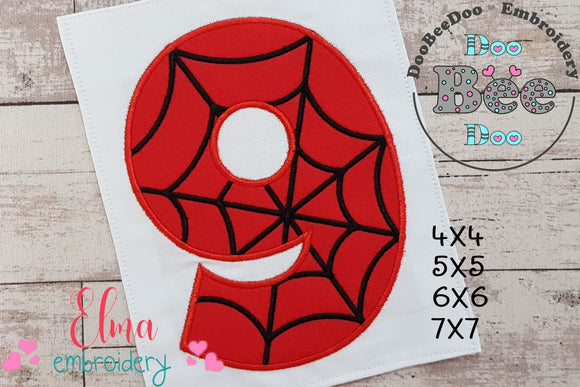 Spider Web Nine 9th Nineth Birthday Number 9 - Applique Embroidery