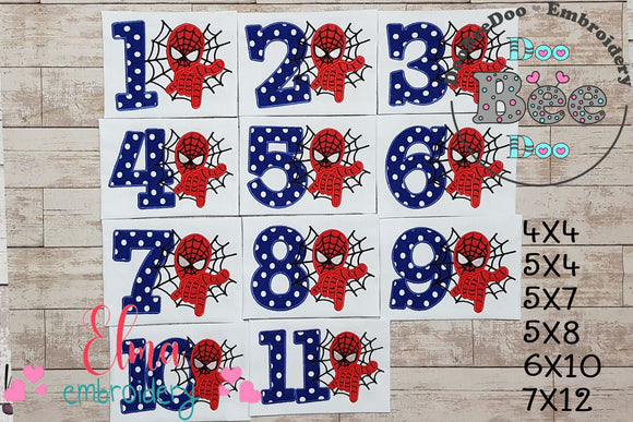 Spiderman Numbers 1-11 Birthday Set Numbers - Applique - Machine Embroidery Design