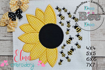 Summer Sunflower and Little Bees - Applique - Machine Embroidery Design