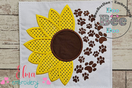 Summer Sunflower and Paws - Applique - Machine Embroidery Design