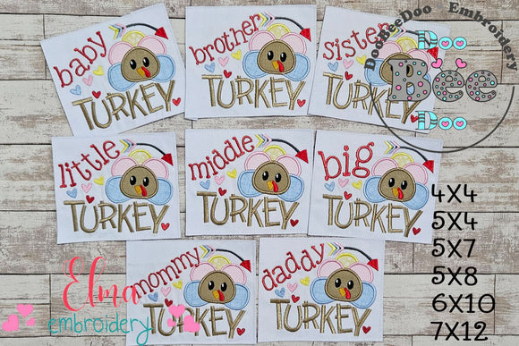 Thanksgiving Family Turkey - Applique Embroidery - Set of 8 Designs