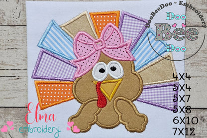 Thanksgiving Colorful Turkey Girl - Applique - Machine Embroidery Design