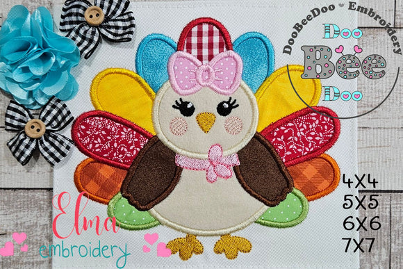 Thanksgiving Colorful Turkey Girl - Applique - Machine Embroidery Design