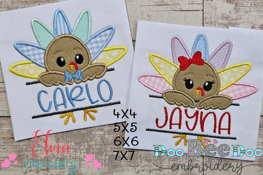 Split Thanksgiving Turkey Boy and Girl - Applique Embroidery - Set of 2 Designs