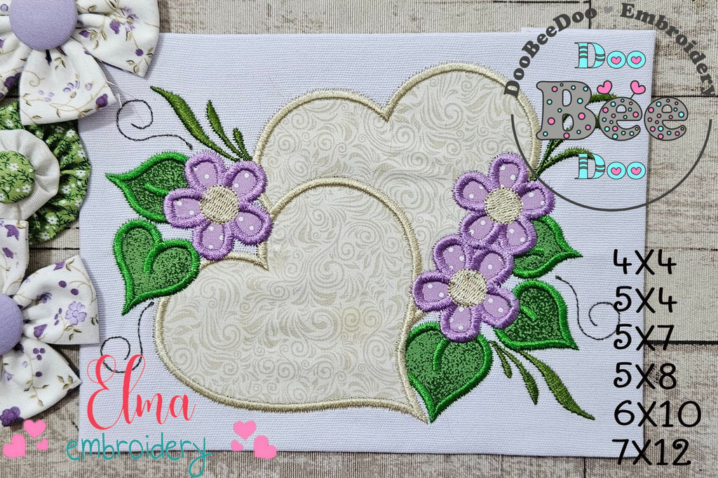 Two Hearts and Flowers - Applique - Machine Embroidery Design