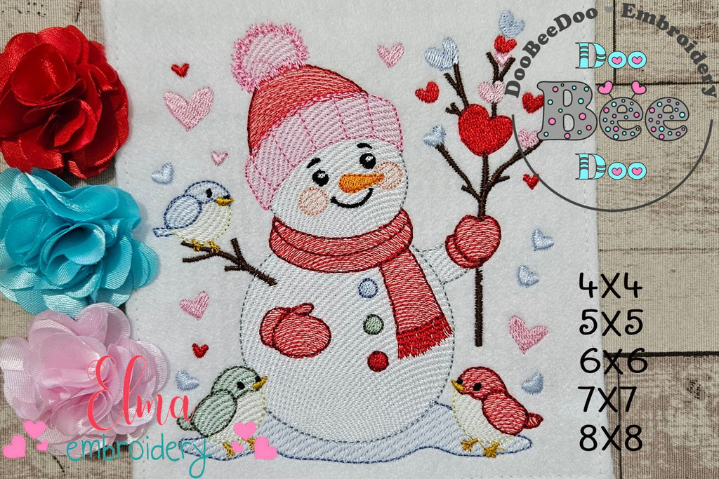 Valentine's Snowman and Birds - Rippled Stitch - Machine Embroidery Design