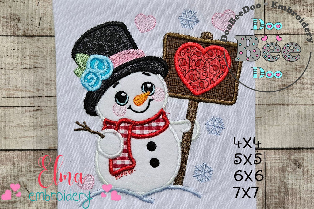 Valentines Snowman and Hearts - Applique - Machine Embroidery Design