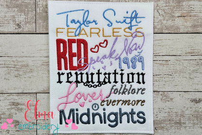 Taylor Swift Eras Tour Album Titles - Fill Stitch - Machine Embroidery Design