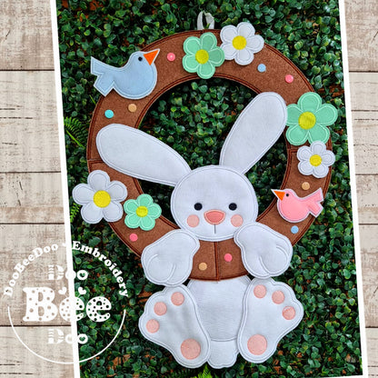 White Easter Bunny Wreath with Hat - ITH Project - Machine Embroidery Design