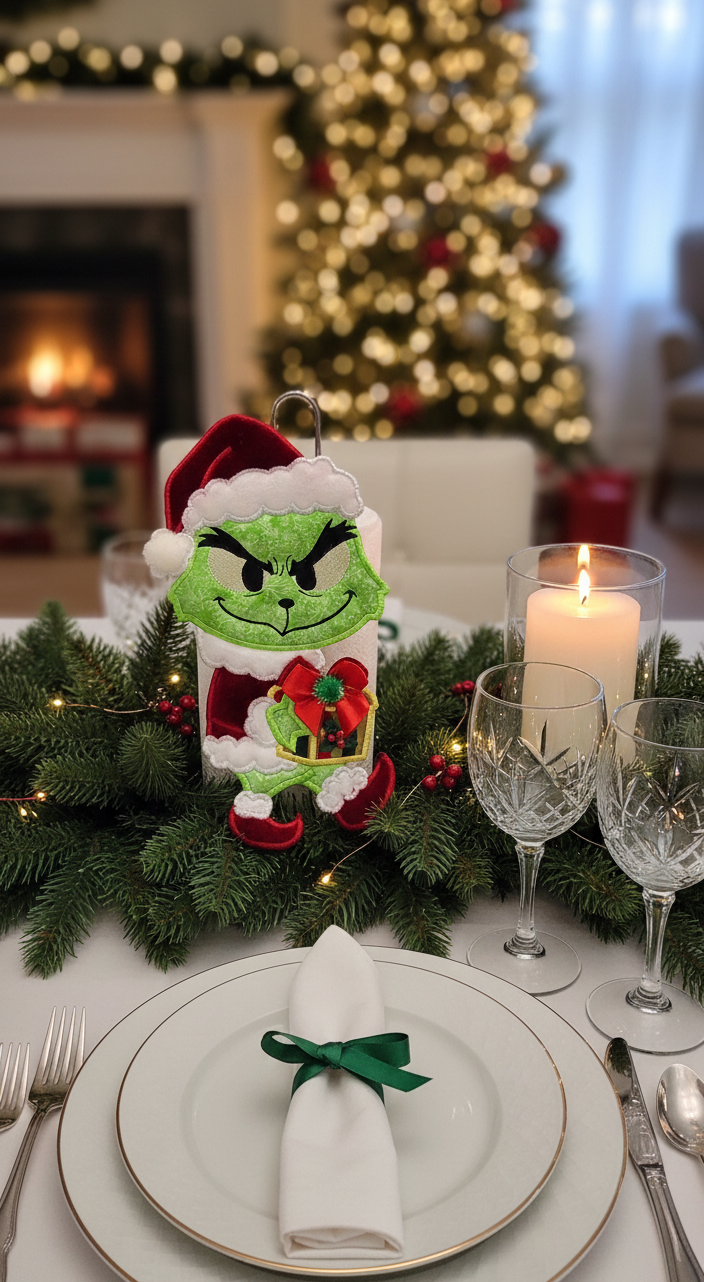 Christmas Grinch Stealing a Gift Paper Towel Holder Cover – ITH Project – Machine Embroidery Design