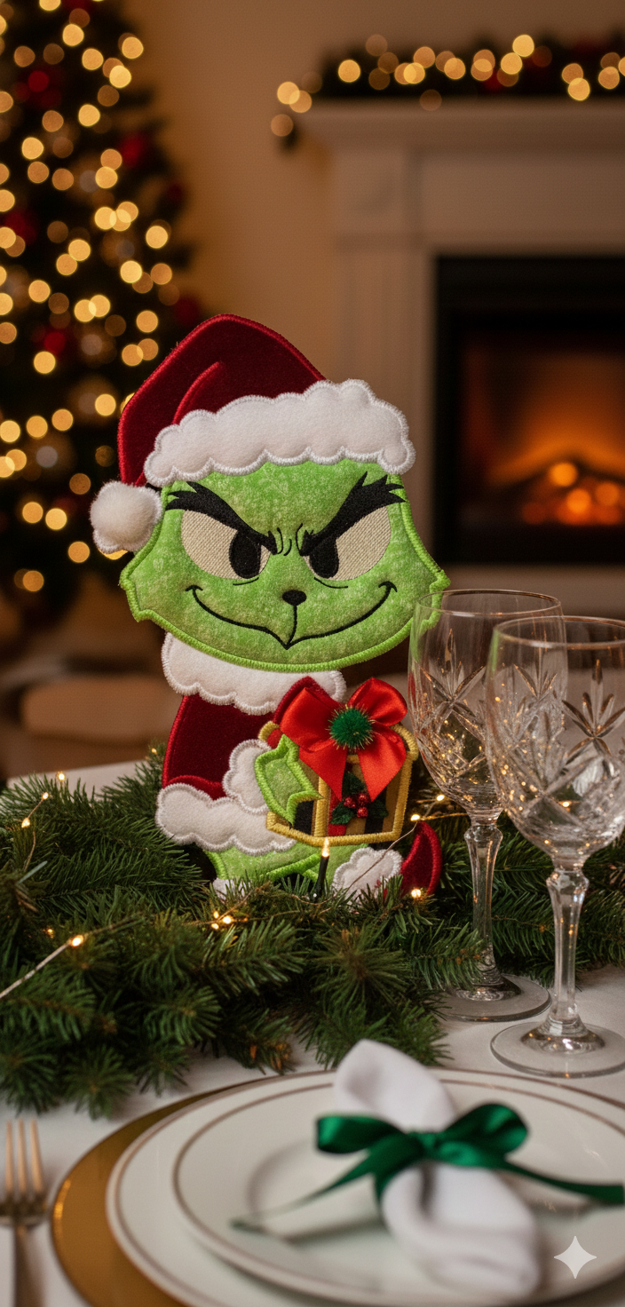 Christmas Grinch Stealing a Gift Paper Towel Holder Cover – ITH Project – Machine Embroidery Design