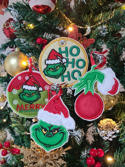 Christmas Grinch Ornaments - Set of 4 Designs – ITH Project – Machine Embroidery Design