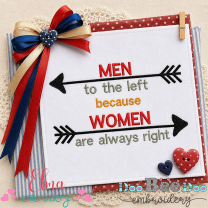 Funny Men to the Left Women Right – Satin Stitch - Machine Embroidery Design