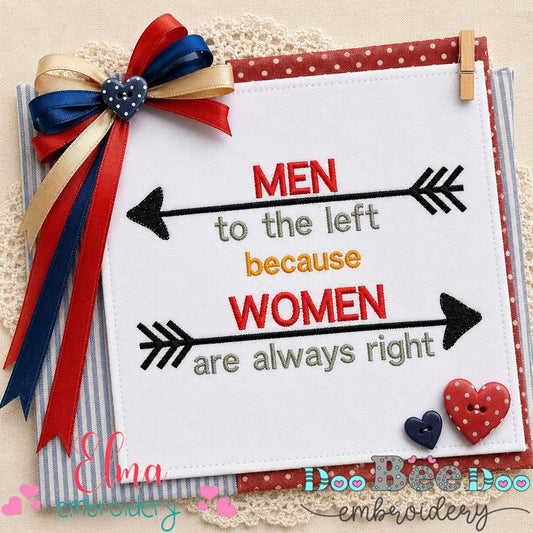 Funny Men to the Left Women Right – Satin Stitch - Machine Embroidery Design