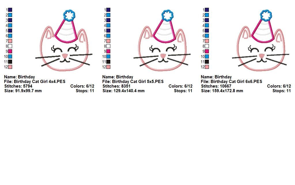 Birthday Kitty Cat Girl - Appliqué – Machine Embroidery Design