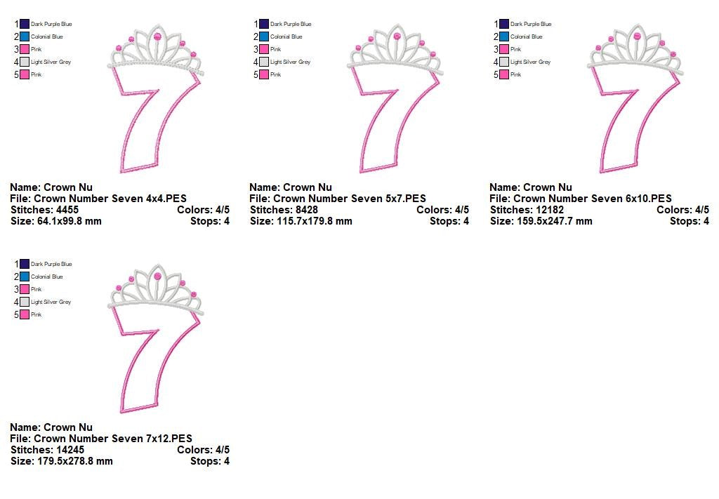 Princess Crown Number Seven - Appliqué - Machine Embroidery Design