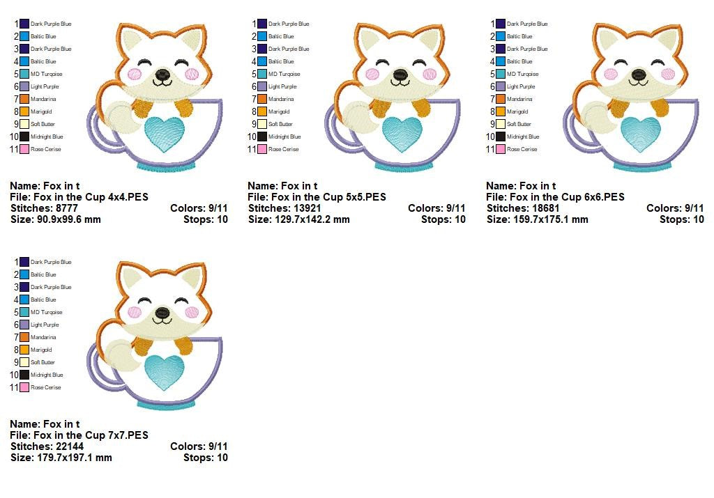 Sweet Fox in Teacup – Appliqué – Machine Embroidery Design