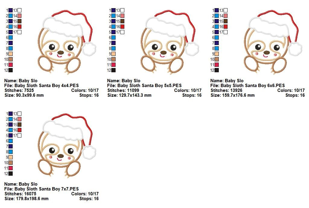 Little Santa Baby Sloth Boy - Appliqué - Machine Embroidery Design