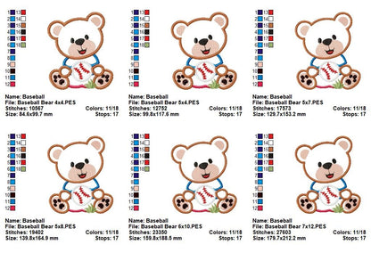 Baseball Teddy Bear 🧸⚾ – Applique - Machine Embroidery Design