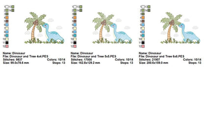 Cute Dinosaur with Palm Tree - Sketch Stitch – Machine Embroidery Design