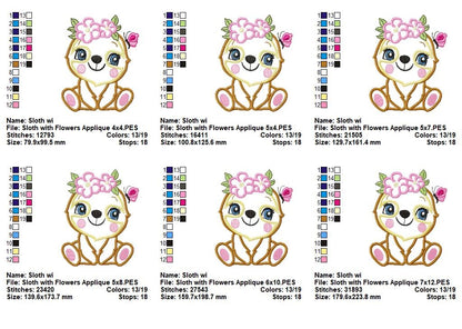 Floral Baby Sloth - Appliqué - Machine Embroidery Design