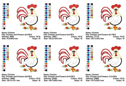 Farmhouse Chicken with Flowers - Appliqué - Machine Embroidery Design