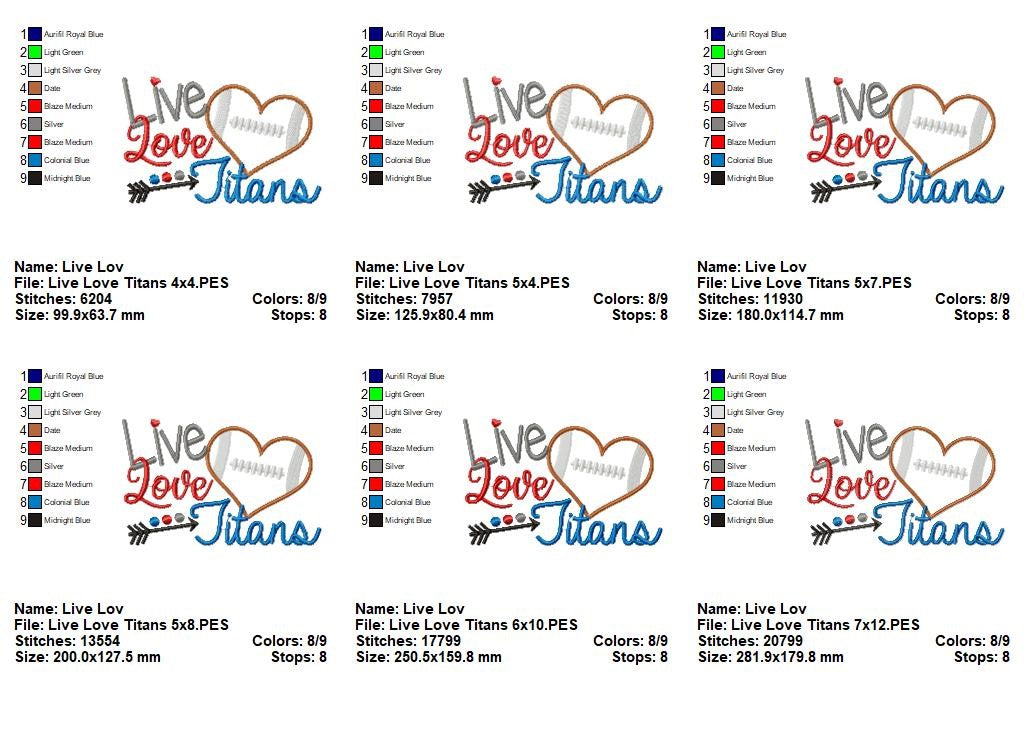 Live Love Titans Football Heart – Appliqué – Machine Embroidery Design