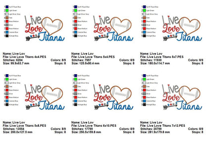 Live Love Titans Football Heart – Appliqué – Machine Embroidery Design