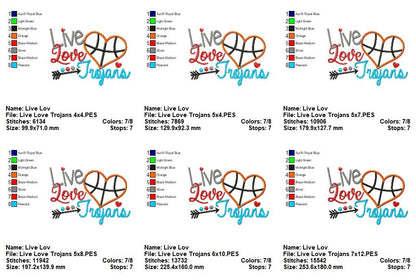 Live Love Trojans Basketball Heart - Appliqué - Machine Embroidery Design