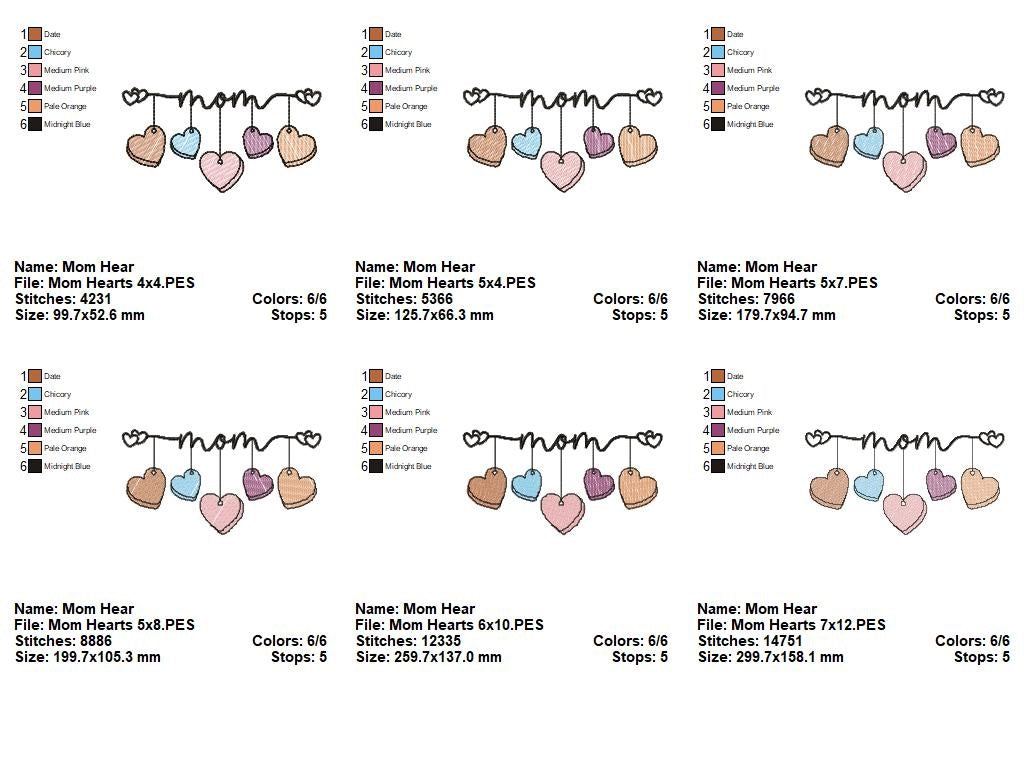 Mom 5 Hearts - Rippled Stitch - Machine Embroidery Design