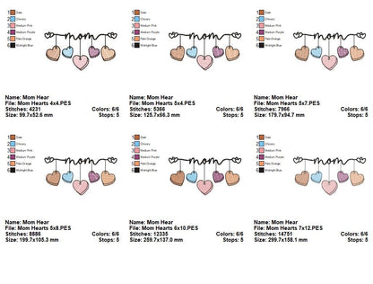 Mom 5 Hearts - Rippled Stitch - Machine Embroidery Design