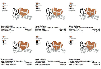 Go Raiders Football Heart – Fill Stitch – Machine Embroidery Design