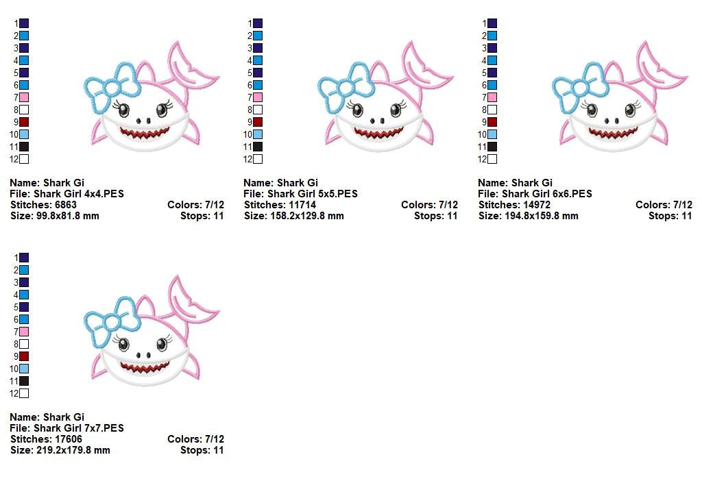 Cute Shark Girl – Appliqué – Machine Embroidery Design