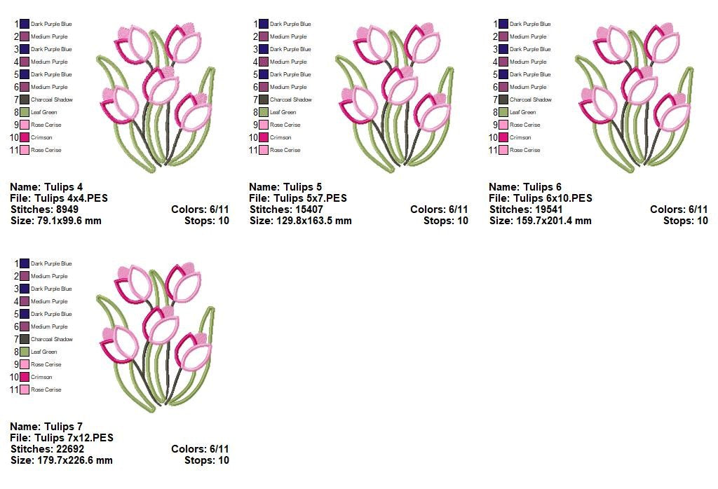 Sweet Tulip Bouquet - Applique - Machine Embroidery Design