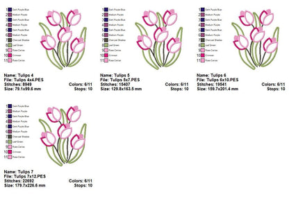 Sweet Tulip Bouquet - Applique - Machine Embroidery Design