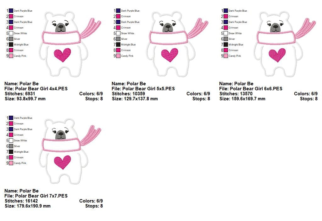 Sweetheart Polar Bear Girl - Appliqué - Machine Embroidery Design