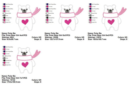 Sweetheart Polar Bear Girl - Appliqué - Machine Embroidery Design