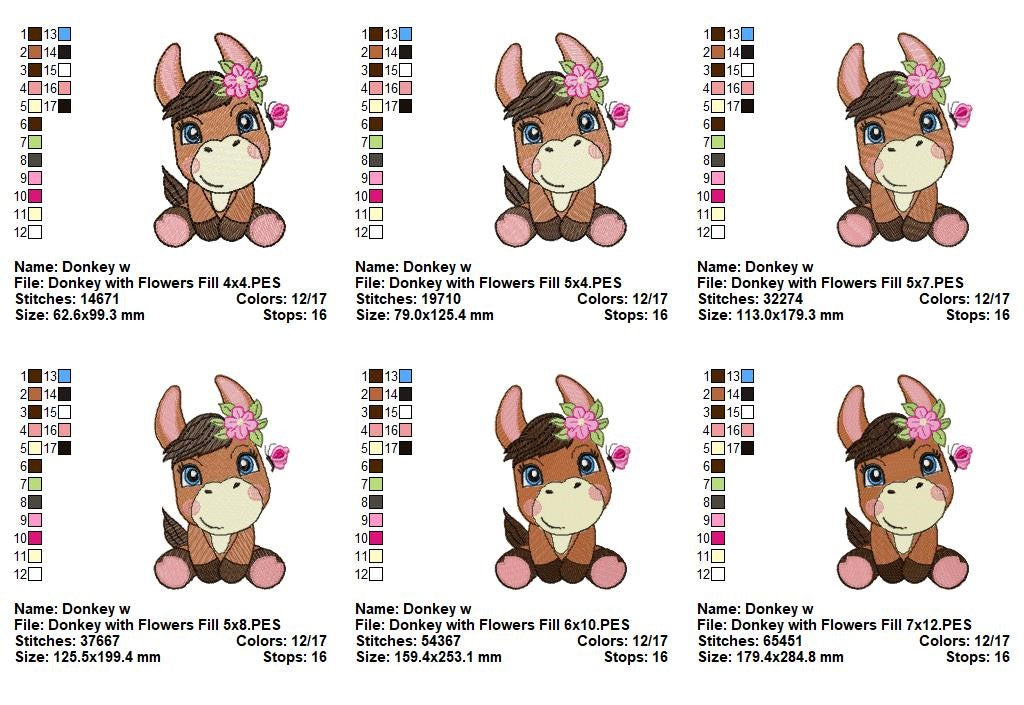 Sweet Donkey with Flowers - Fill Stitch - Machine Embroidery Design