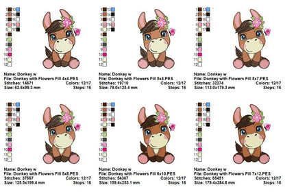 Sweet Donkey with Flowers - Fill Stitch - Machine Embroidery Design