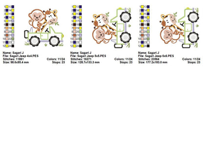Safari Friends Jeep - Appliqué - Machine Embroidery Design
