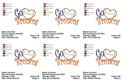 Go Broncos Football Heart – Appliqué – Machine Embroidery Design
