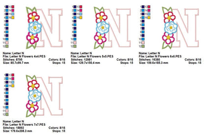 Monogram N and Flowers - Applique - Machine Embroidery Design