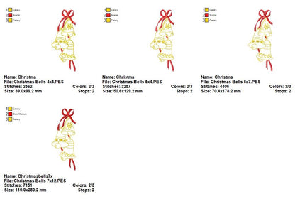 Christmas Bells & Bow - Redwork Stitch - Machine Embroidery Design