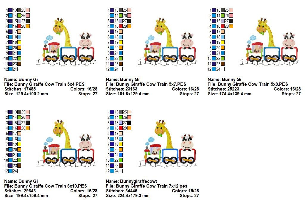 Bunny Giraffe Cow Train - Appliqué - Machine Embroidery Design