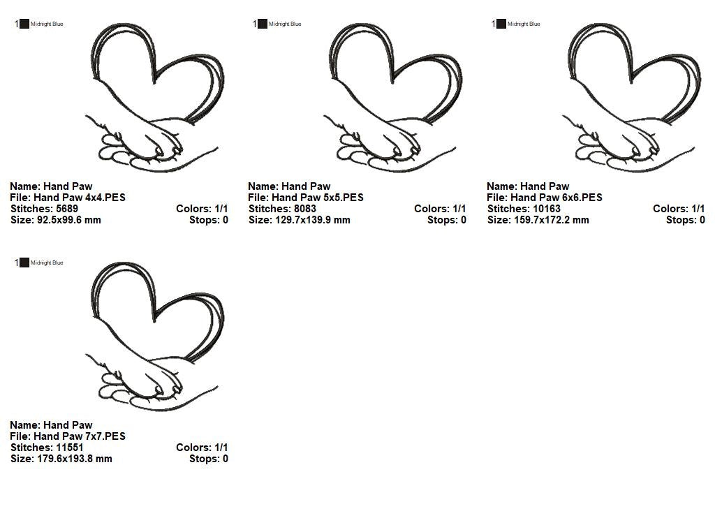 Heart Paw and Hand - Fill Stitch - Machine Embroidery Design