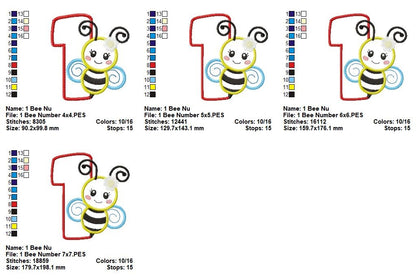 🐝 Number 1 with Cute Bumblebee – Applique – Machine Embroidery Design 🐝